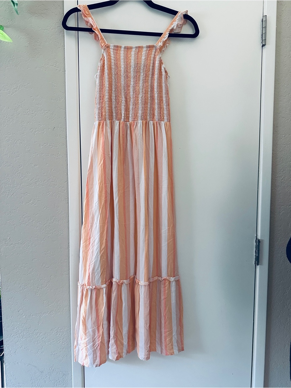 Coco and Shay Maxi Dress, Juniors Medium-Peach White Stripes Smocked Ruffles